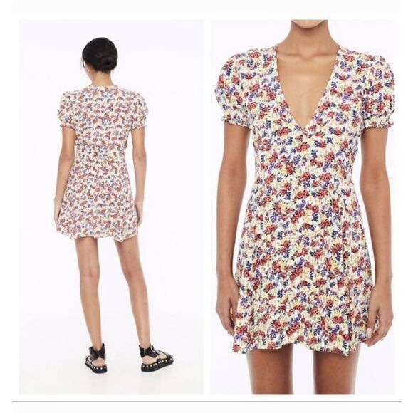Faithfull The Brand Raphaela Floral Puff Sleeve Mini Dress Size 4 - Picture 3 of 8